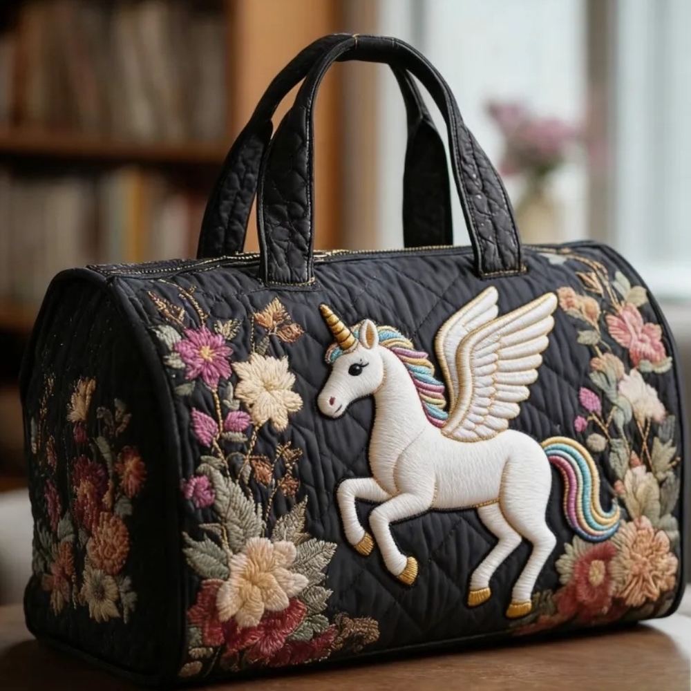Embroidered Unicorn Quilted Satchel Bag - Black